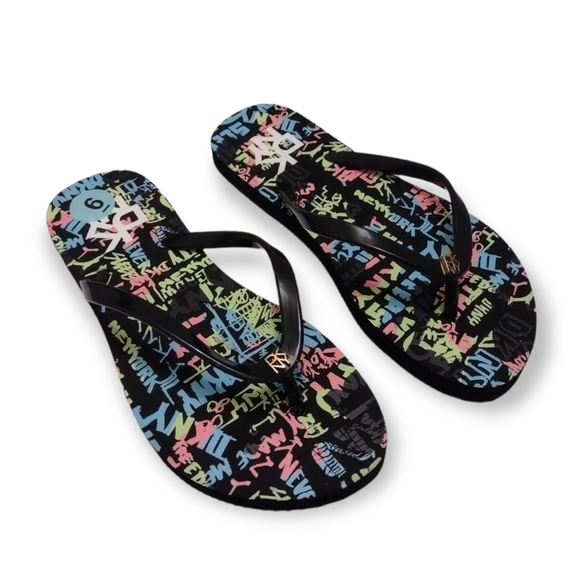 Dkny Zane Black Graffiti Sandals Flip Flops Women's Size 6 - Picture 8 of 9